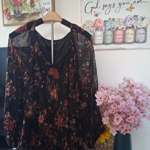 Elegant Floral Sheer Blouse - Black and Brown